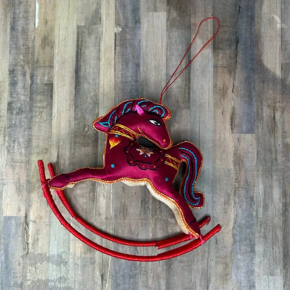 Vintage Red Chinese Silk Embroidered Rocking Horse Hanging Ornament New Year